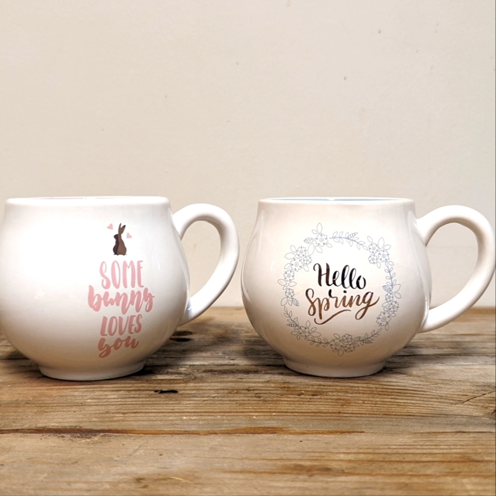 Some Bunny Loves You and Hello Spring set of Mugs, pastel pink , blue and white